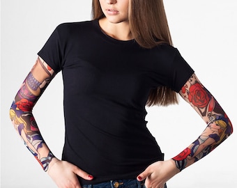 ALICE IN WONDERLAND Womens Tshirt, Tattoo Tshirt, Womens Top, Temporary Tattoo, Tattoo Sleeve, Halloween Shirt, Halloween T-shirt, Costume