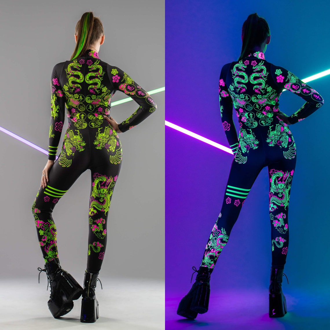 CHINESE DRAGONS Rave Costume, UV Light Reactive Costume for Women ...