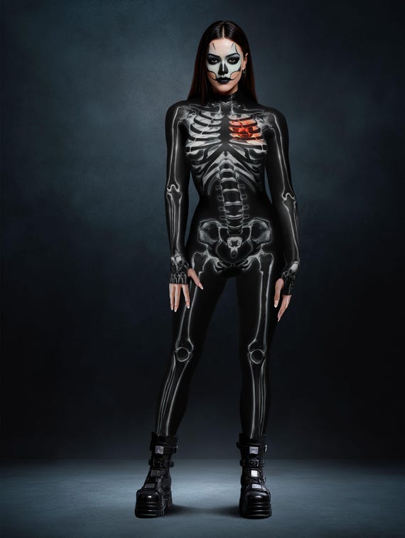 BLACK SKELETON Womens Halloween Costume, Gothic Skeleton Catsuit with Red Heart, Scary Spooky Party Outfit, Adult Halloween Cosplay Clothing