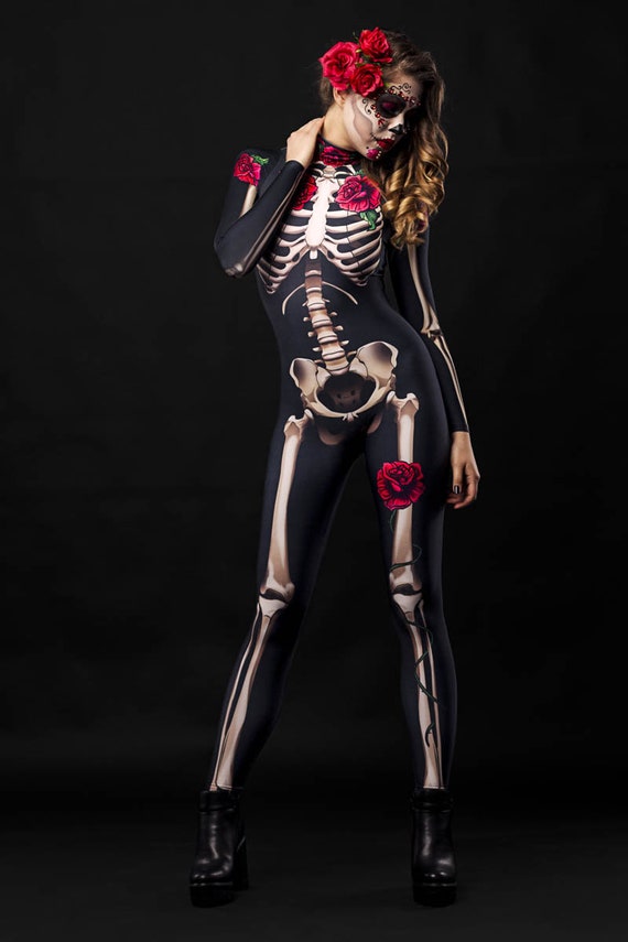 Ladies FISHNET SKULL TIGHTS Halloween Sugar Skull Roses Bones Adult Day of  Dead