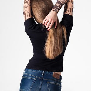 Tattoo T-shirt with MYSTIC CAT Tattoo Sleeves, Temporary Tattoo, Mesh Tattoo, Womens T-shirts, Halloween Shirt, Funny Gift, Gift for Woman image 2