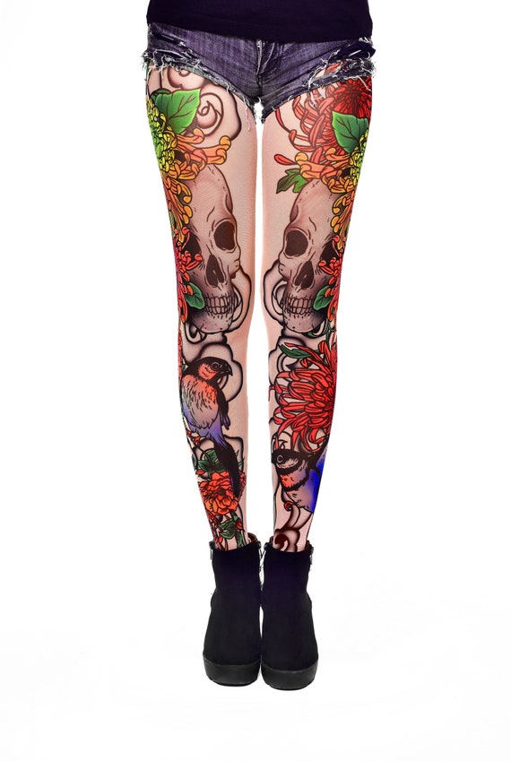 BIRDS & SKULL Womens Printed Leggings, Temporary Tattoos, Mesh