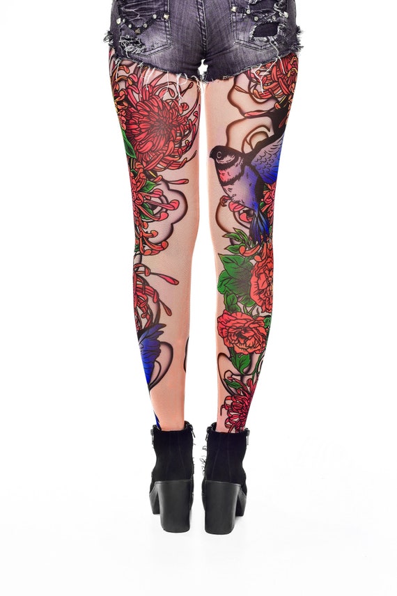 BIRDS & SKULL Womens Printed Leggings, Temporary Tattoos, Mesh Leggings,  Womens Pants, Sexy Leggings, Skull Tattoo, Birds Tattoo, Flowers 