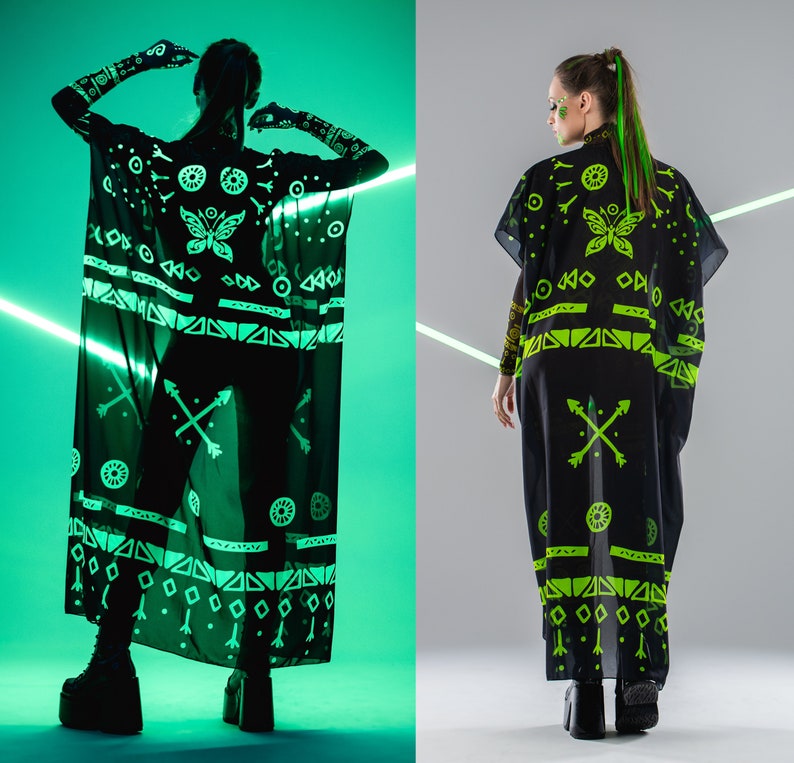 GREEN TRIBAL FLUORESCENT Kimono, Festival Kimono, Festival Outfit, Rave Kimono, Halloween Costume, Fluorescent Clothing, Spectacular Look image 2