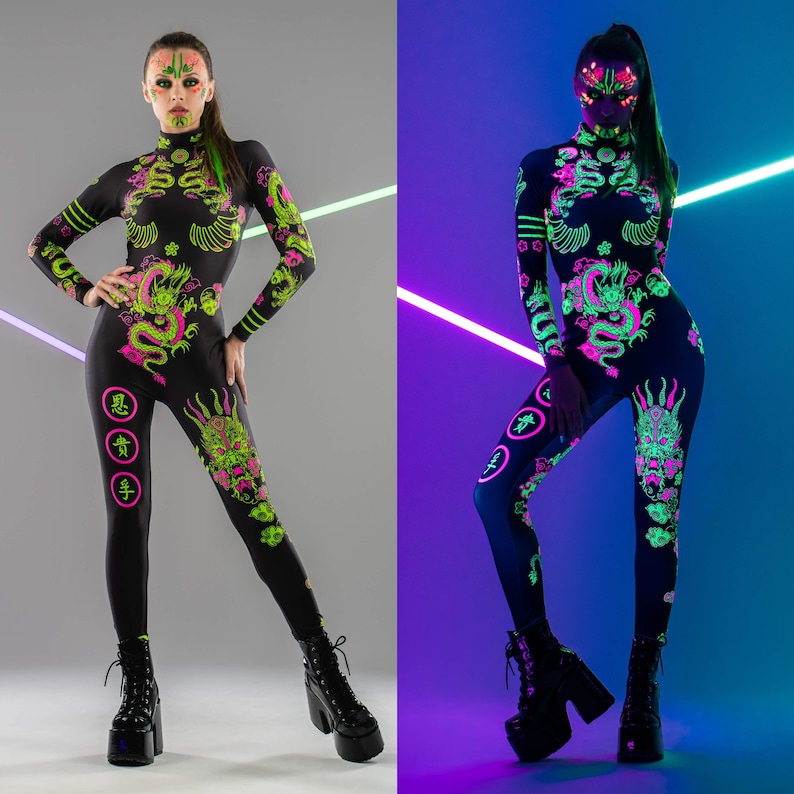CHINESE DRAGONS Rave Costume, UV light Reactive Costume for Women, Fluorescent Costume, Halloween Costume, Burning Man Costume, Cosplay image 1