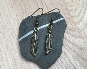 Antique Bronze Feather Earrings, Upcycled Jewelry