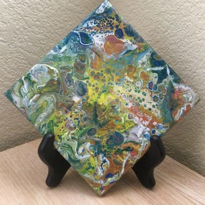 May include: Abstract painting on canvas with a swirling pattern of green, yellow, blue, white, and orange paint. The painting has a textured surface and is displayed on a black easel.