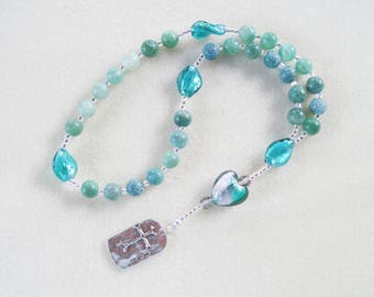 Anglican Rosary – Green Frosted Agate, Teal Silver foil Twists, Art Glass Heart, and Faith Cross Pendant