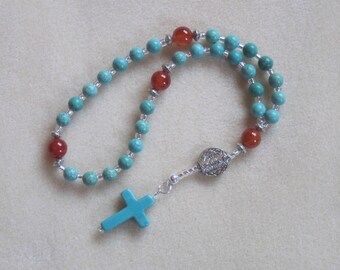 Anglican Rosary – Magnesite, Fire Agate, Filigree saucers, Silver plated incised coin, and Magnesite Cross