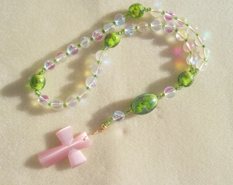 Anglican Rosary – Mystic Quartz, Green Carnival Glass, Art Glass, and Pink Cats Eye Cross