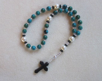 Anglican Rosary – Chysocolla beads, Swarovski Crystal Pearls, and Hematite Budded Cross