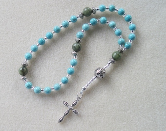 Pocket Anglican Rosary – Smaller, Pocket Size made of Magnesite, Moss Agate, Silver plated filigree roundels, and delicate “Lady” Cross