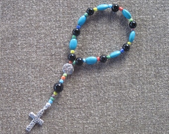 Anglican Rosary Chaplet – Magnesite ovals, Black Obsidian, Black Onyx, and Silver plated Flower Cross