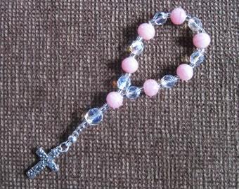 Anglican Rosary Chaplet – Pink Milk Glass, Faceted AB Crystal, Flower “Lady” Cross