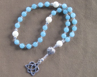 Anglican Rosary – Blue Sponge Quartz, Mother of Pearl beads, and Celtic Heart pendant