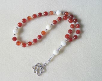 Anglican Rosary – Fire Agate, Mother of Pearl, Silver  plated heishi and Celtic Heart in Trinity Knot Pendant