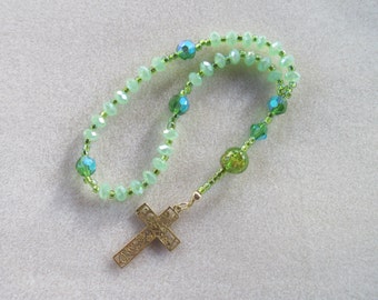 Anglican Rosary – Peridot Glass AB Faceted Roundels, Green Art Glass, and Filigree Laser cut Cross