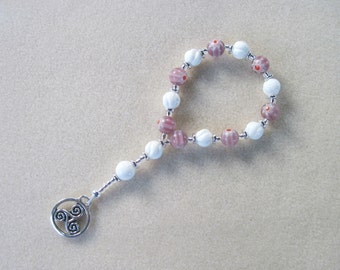 Anglican Rosary Chaplet – Carved Tridacna Shell, Purple Milleflori Glass, and Silver plated Celtic Triskele (Trinity) Pendant
