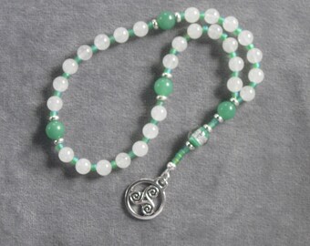 Anglican Rosary – Snow Quartz, Green Aventurine, Green Art Glass, and Celtic Triskele pendant