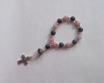 Anglican Rosary Chaplet – Vintage Pink Milk Glass, Amethyst, Art Glass bead, and Silver plated Talavera Folk Cross