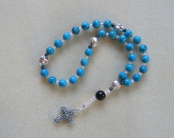 Anglican Rosary – Blue Howlite, Black Jasper, Hematite Accents and Talavera Cross.