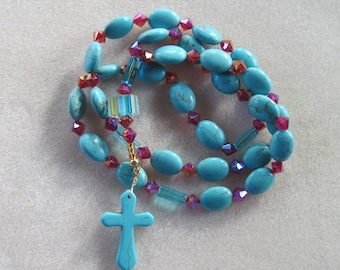 Anglican Rosary Necklace – Magnesite, Red AB Glass, Teal Glass Tubes, Murano Cane Glass, and Magnesite Cross