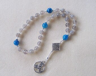 Anglican Rosary – Smokey Grey Agate, Blue Sardonyx Agate, Silver plated filigree diamond bead, and Celtic Triskele (Trinity) Pendant