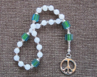Meditation Beads – Snow Quartz, Green Blue Cane Art Glass, Silver plated heishi discs, and Silver plated Peace Symbol Pendant