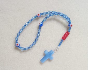 Pocket Anglican Rosary – Light Blue Faceted Glass, Milleflori Beads, Red Frosted Glass and Light Blue Catseye Cross