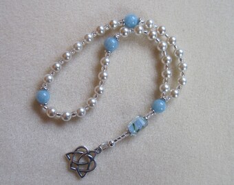 Anglican Rosary – Swarovski Crystal Pearl, Blue Sponge Quartz, Lampwork Art Glass, and Celtic Heart-in-Trinity Pendant