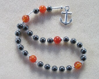 Meditation Beads – Hematite, Fire Agate, and Silver plated Anchor Pendant