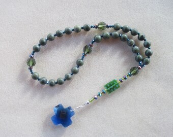 Anglican Rosary – Saguaro Jasper, Green Milleflori tablet bead, Large Sapphire Blue faceted Crystal Cross