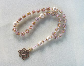 Anglican Rosary – Art Glass Gold foil with Rosebuds, Swarovski Crystal Pearls, and Gold plated Heart-in-Trinity Pendant