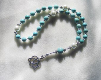 Anglican Rosary – Magnesite, Swarovski Crystal pearls, Filigree roundel, Celtic Heart-in-Trinity Knot pendant