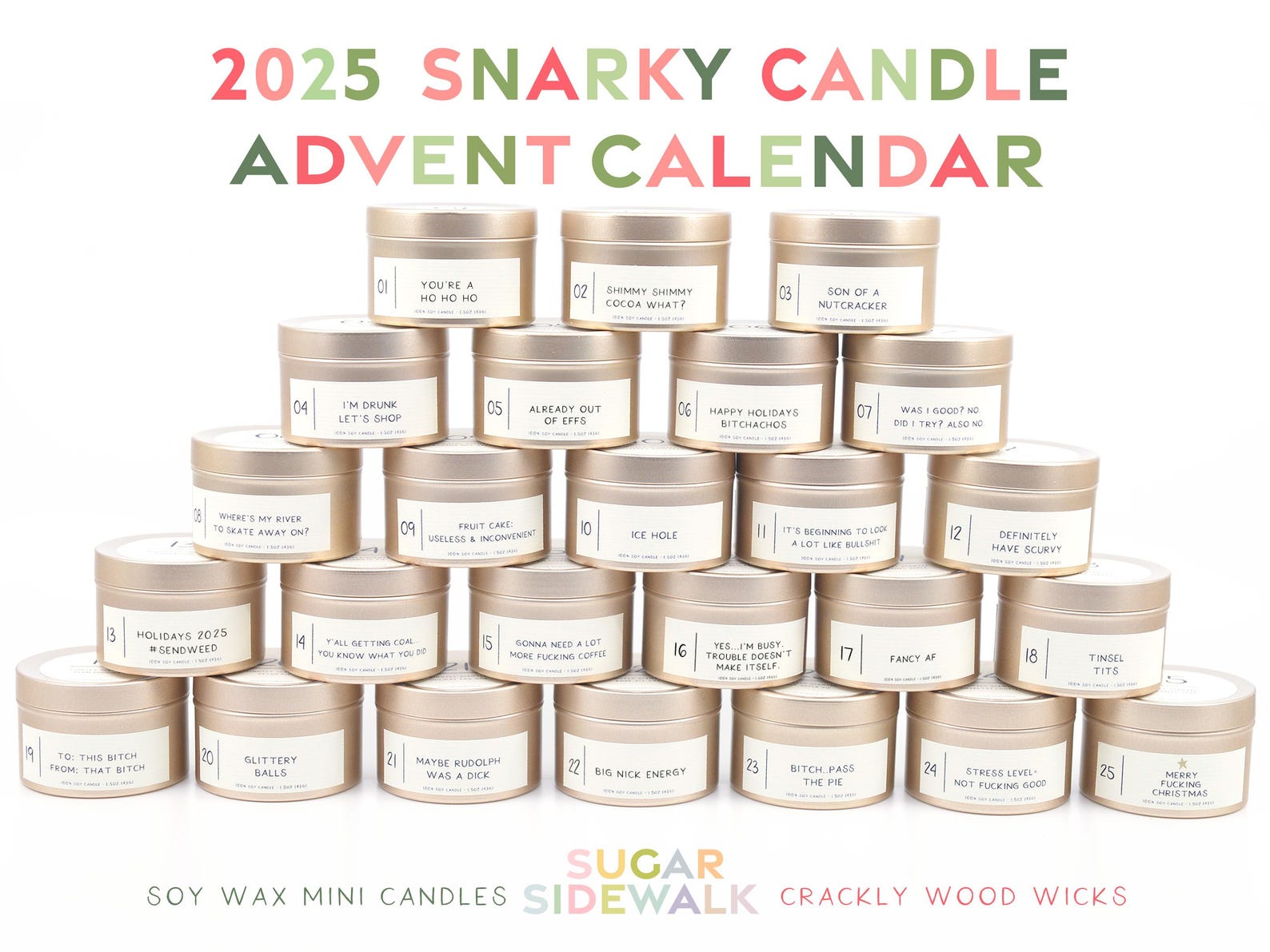 Snarky Advent Candle Calendar • 25 unique candles • Hand poured soy wax wood wick
