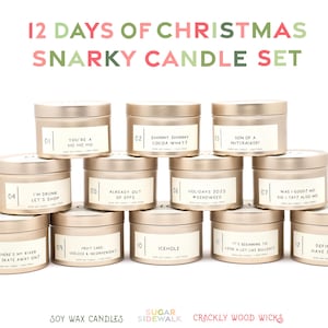 12 Days of Christmas Candles • Funny Holiday Candles • Adult Mini Advent Calendar • Ships Priority Mail • Soy Wood Wick Mini Tin Candles