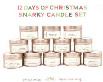 12 Days of Christmas Candles • Funny Holiday Candles • Adult Mini Advent Calendar • Ships Priority Mail • Soy Wood Wick Mini Tin Candles