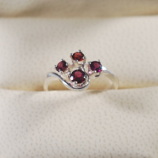 Dainty Garnet Ring - Multiple Stones Graduated Size Rhodolite Pyrope Pink Garnets Set in 925 Sterling Silver Size 5