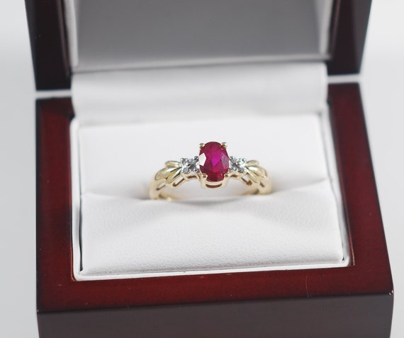 Vintage GTR 10k Yellow Gold Ring 7x5mm Pink Lab Ruby Oval Cut