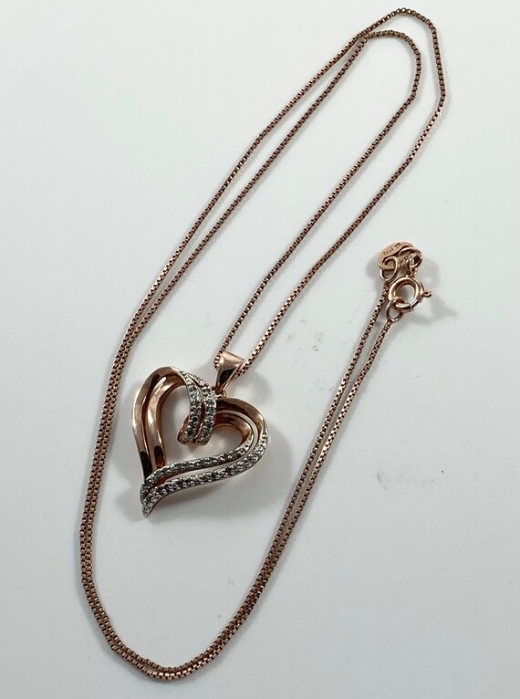 Karizia Spa Italy 925 Sterling Silver Rose Gold Plated Vermeil Heart Necklace Diamond Chip