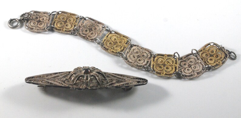 Vintage Antique Spun Filigree Silver Vermeil Link Bracelet and Brooch Set Floral Scrollwork Art Deco