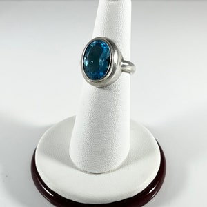Bold Large Bezel Set Vintage Blue Topaz Ring Curved Band Sterling Silver 925 Modern
