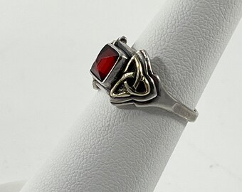 Vintage Irish Celtic Triquetra Trinity Knot Ring Garnet Sterling Silver and 14k Gold Estate