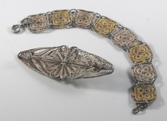 Vintage Antique Spun Filigree Silver Vermeil Link Bracelet and Brooch Set Floral Scrollwork Art Deco
