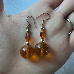 Vintage Round Diamond Bead Genuine Baltic Amber Dangle Drop Earrings Gold Filled Hooks