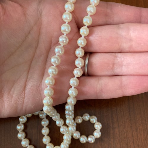 Estate Double Knotted Cultured shops Pearl Necklace Simple Classic Yellow Gold 14k Clasp 29” Long