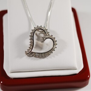 Vintage 925 Sterling Silver CZ Heart Slide Pendant on Box Chain Valentine Jewelry