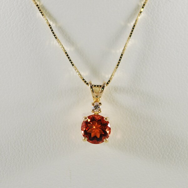 Stunning Oregon Sunstone Necklace Red/Orange Round 0.85 ct Diamond Pendant 14k Yellow Gold Solid