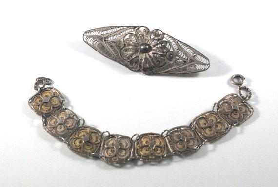 Vintage Antique Spun Filigree Silver Vermeil Link Bracelet and Brooch Set Floral Scrollwork Art Deco