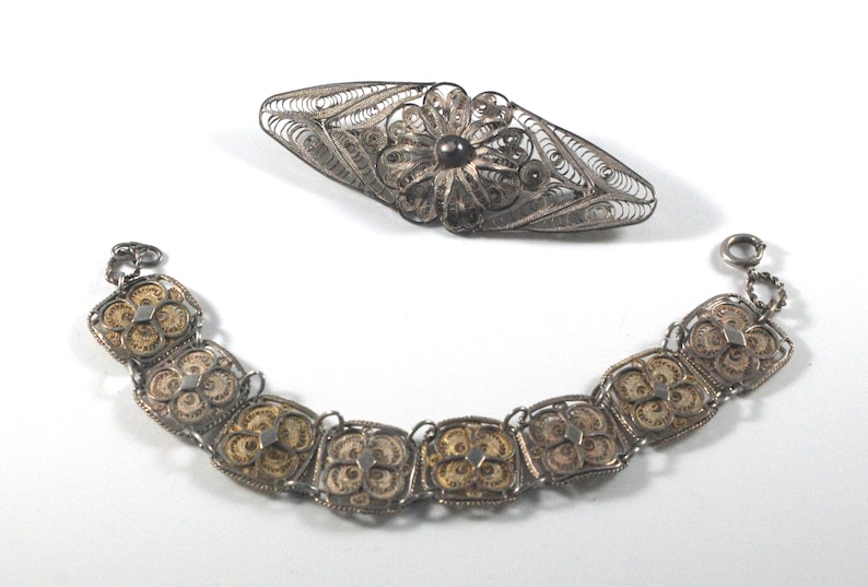 Vintage Antique Spun Filigree Silver Vermeil Link Bracelet and Brooch Set Floral Scrollwork Art Deco